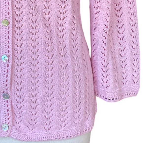LL Bean Linen Blend Pointelle Knit Cardigan Pink Shell Buttons Cottagecore-M - Picture 4 of 11